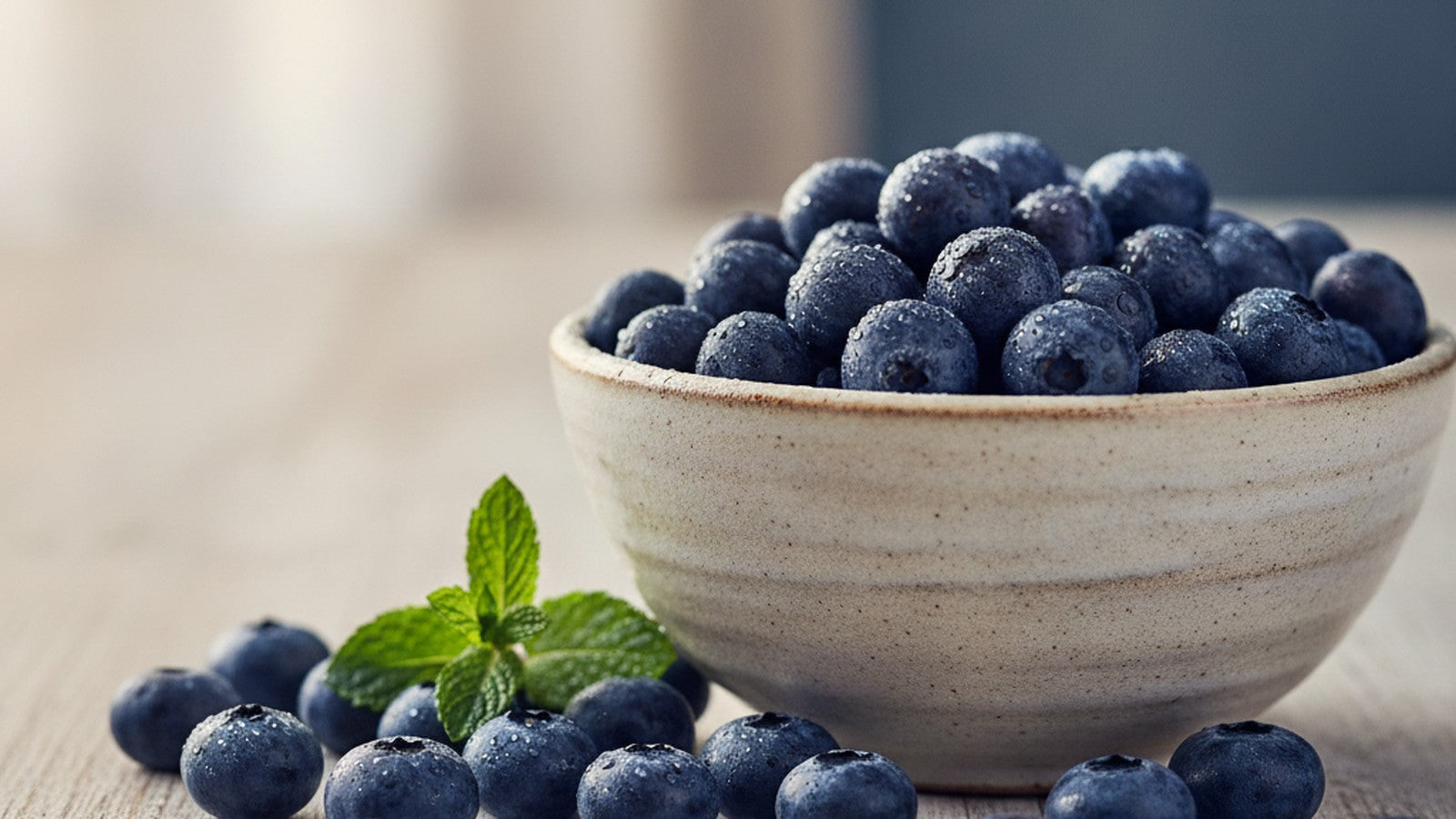 A rustic ceramic bowl of fresh dewy blueberries with a mint sprig in soft morning light