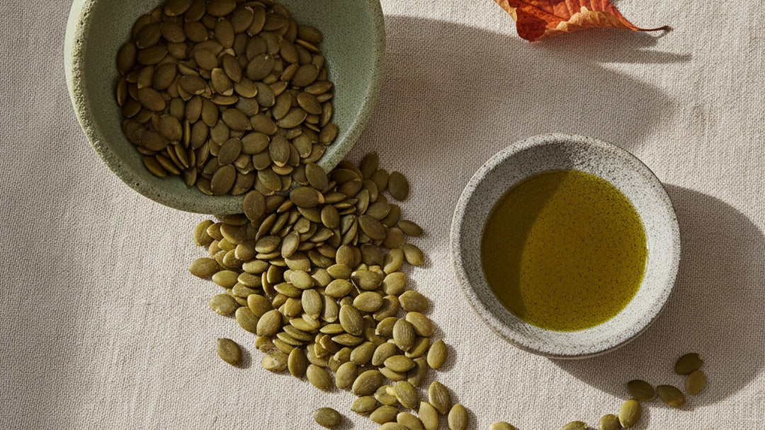 Overhead still life of green pumpkin seeds and a small dish of pumpkin seed oil on linen.