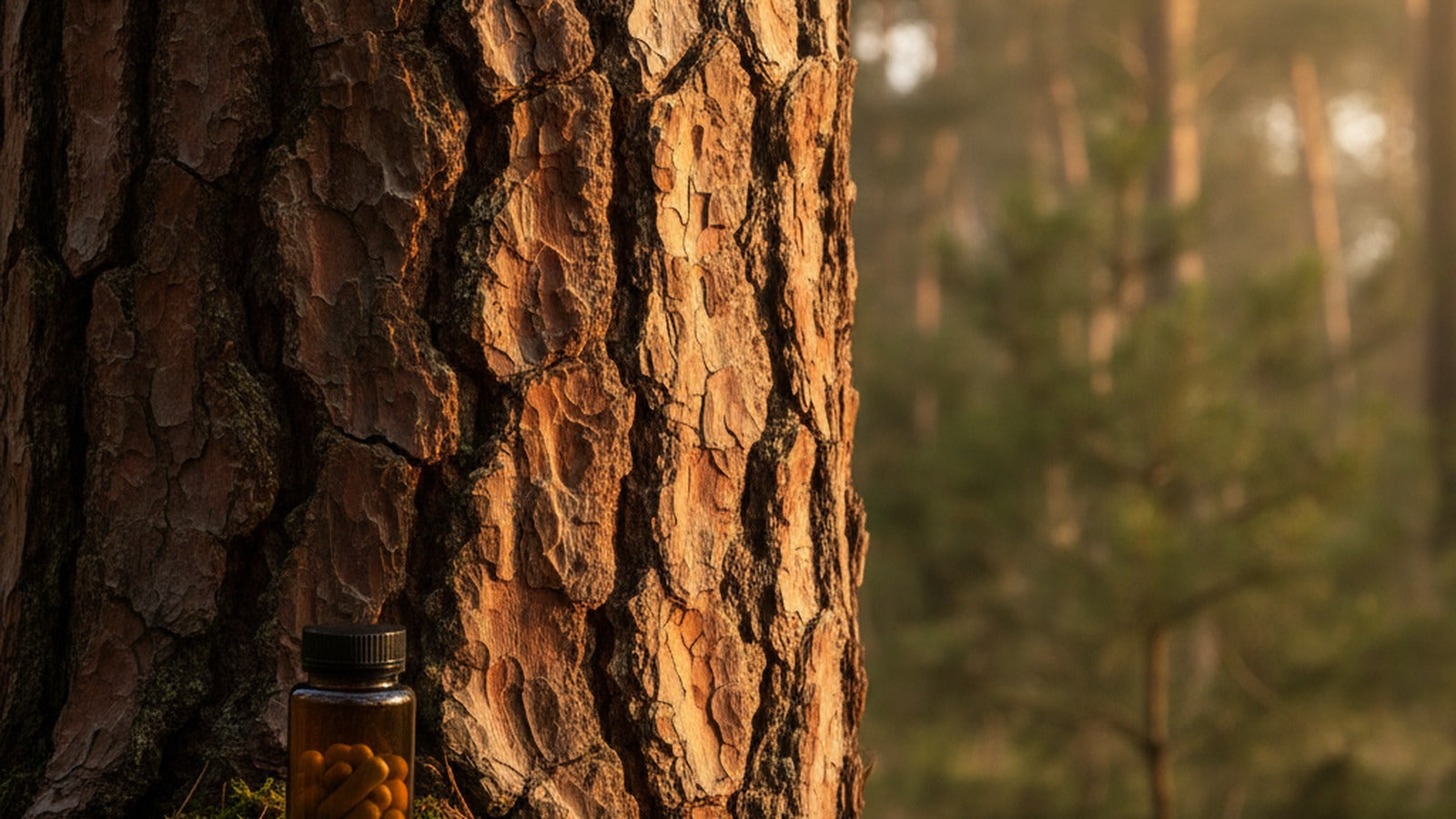 Close-up of reddish-brown maritime pine bark in warm morning light with a small bottle of pine bark extract capsules resting at its base, coastal pine forest softly blurred behind