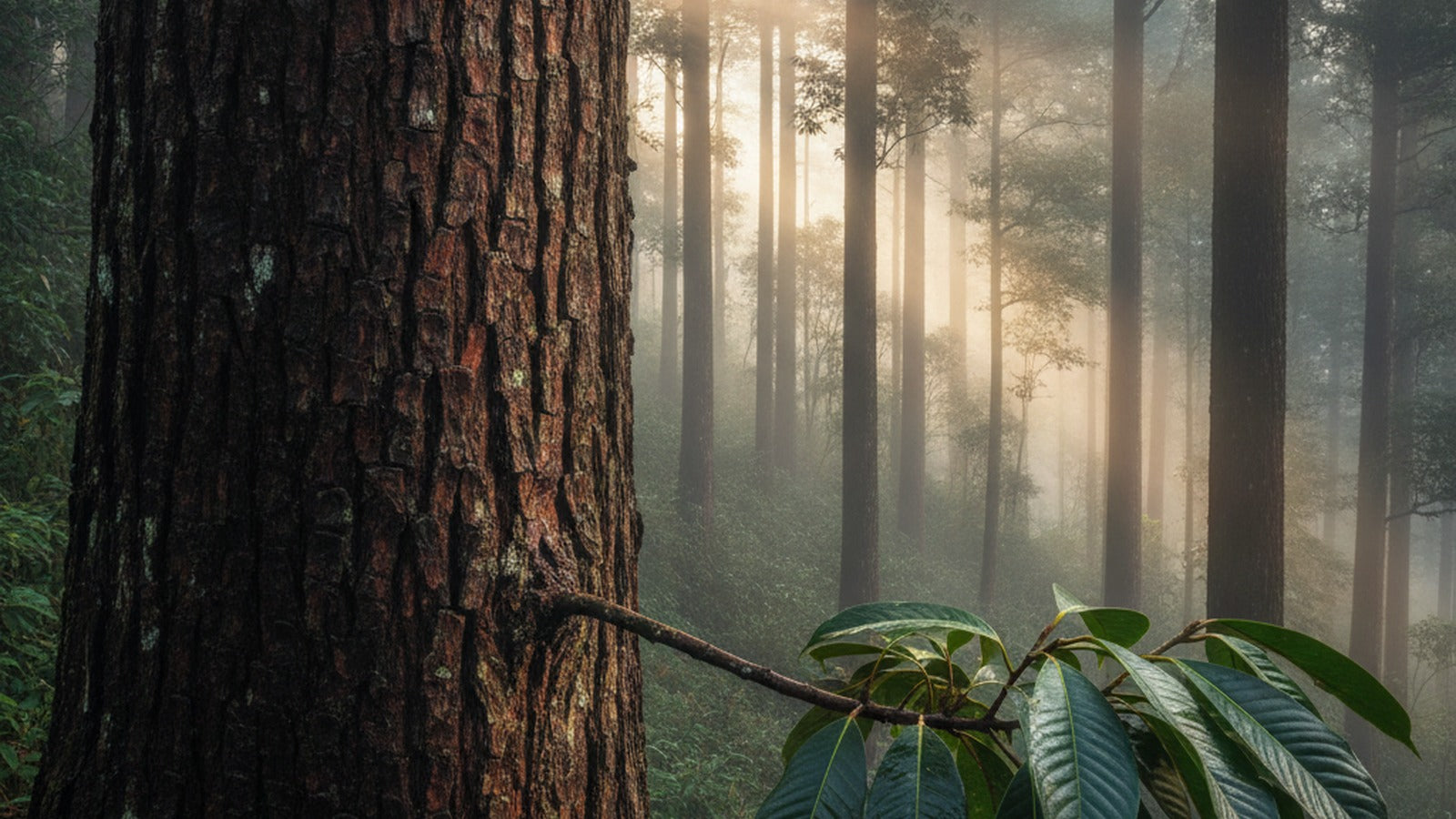 An ancient African cherry tree with deeply fissured dark bark in a misty montane cloud forest at dawn