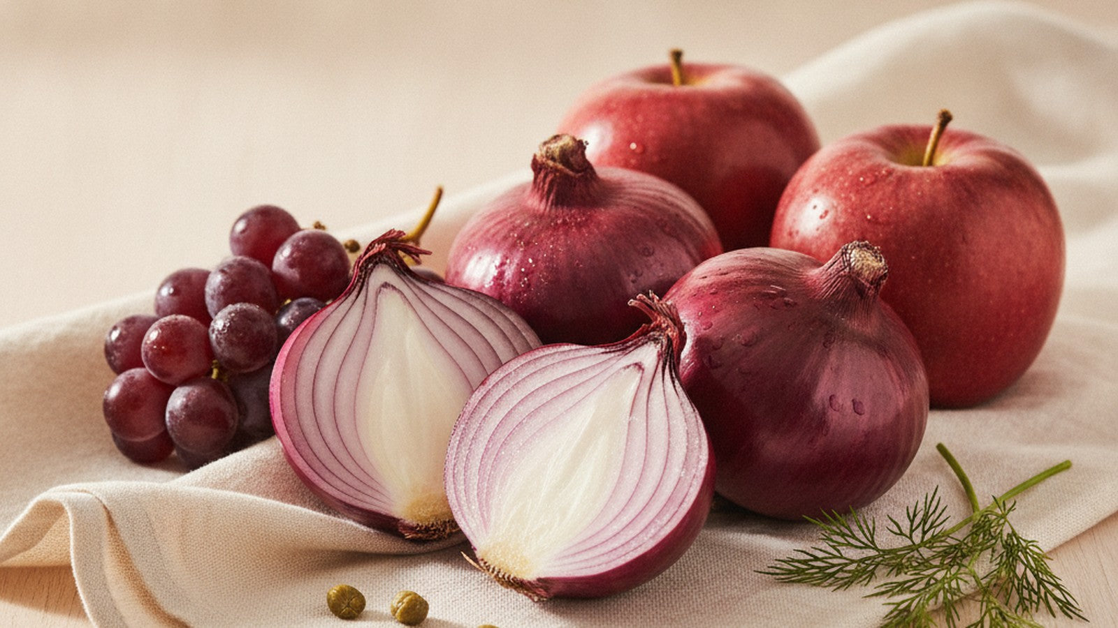 Fresh red onions, one halved, with red apples, grapes and a sprig of dill on natural linen