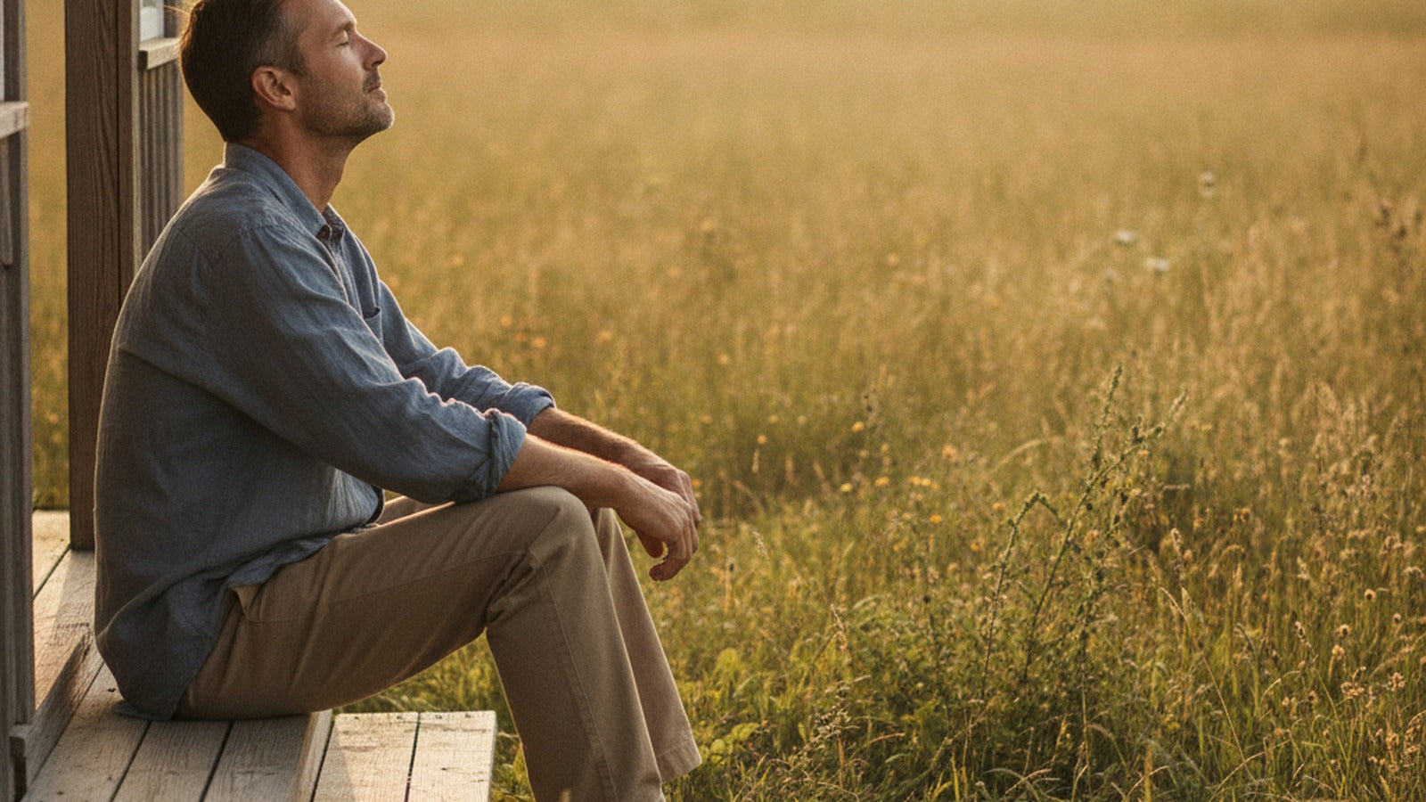 A man sitting on a farmhouse porch step breathing easily at golden hour beside a late-summer meadow of tall grasses and weeds