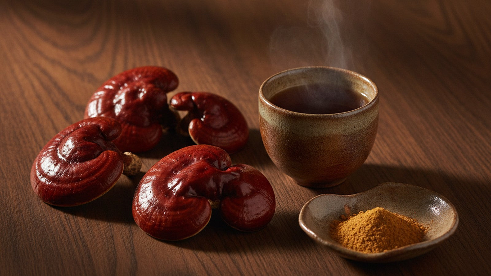 Glossy red reishi mushrooms beside a steaming cup of dark reishi tea and a small dish of reishi extract on a dark walnut table