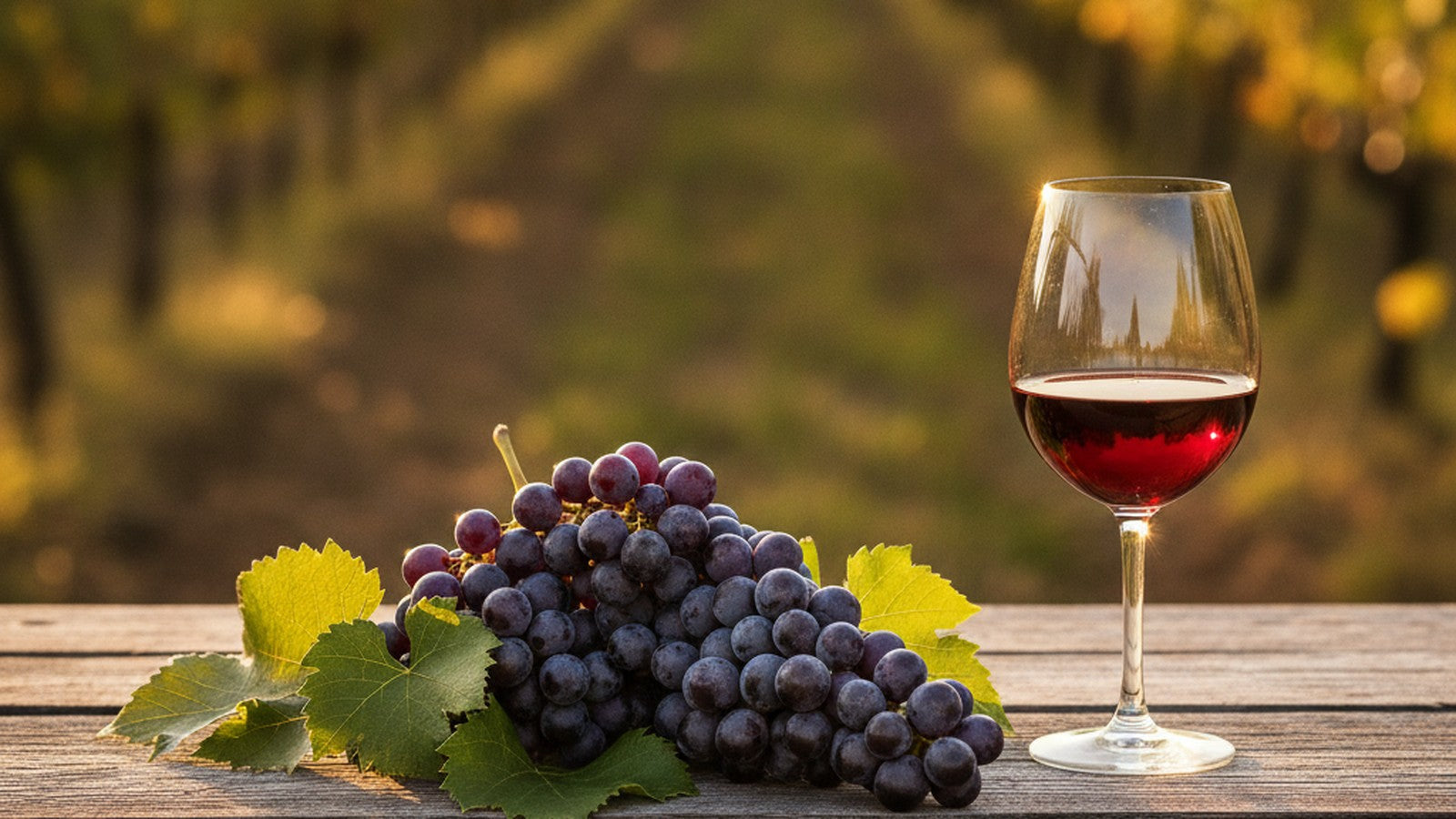 Deep purple wine grapes and a glass of red wine on a rustic table in a sunlit vineyard