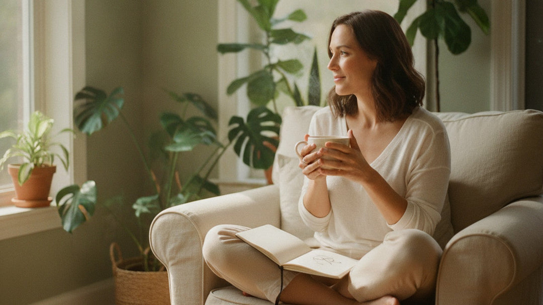 A woman relaxing in a sunlit, sage-green reading nook, cradling a warm mug of tea with a notebook on her knee