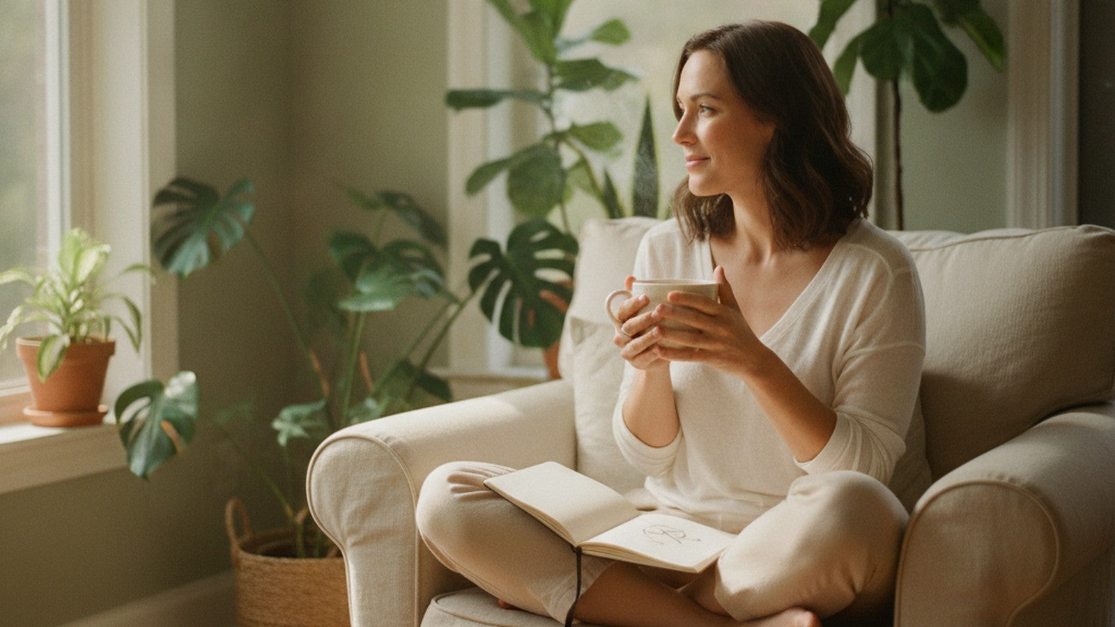 A woman relaxing in a sunlit, sage-green reading nook, cradling a warm mug of tea with a notebook on her knee