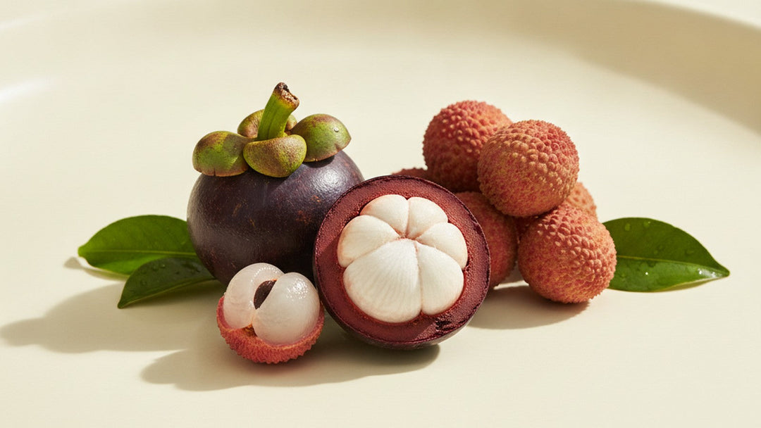Fresh mangosteen and lychee fruit on a cream surface, the tropical source of Saccharomyces boulardii yeast