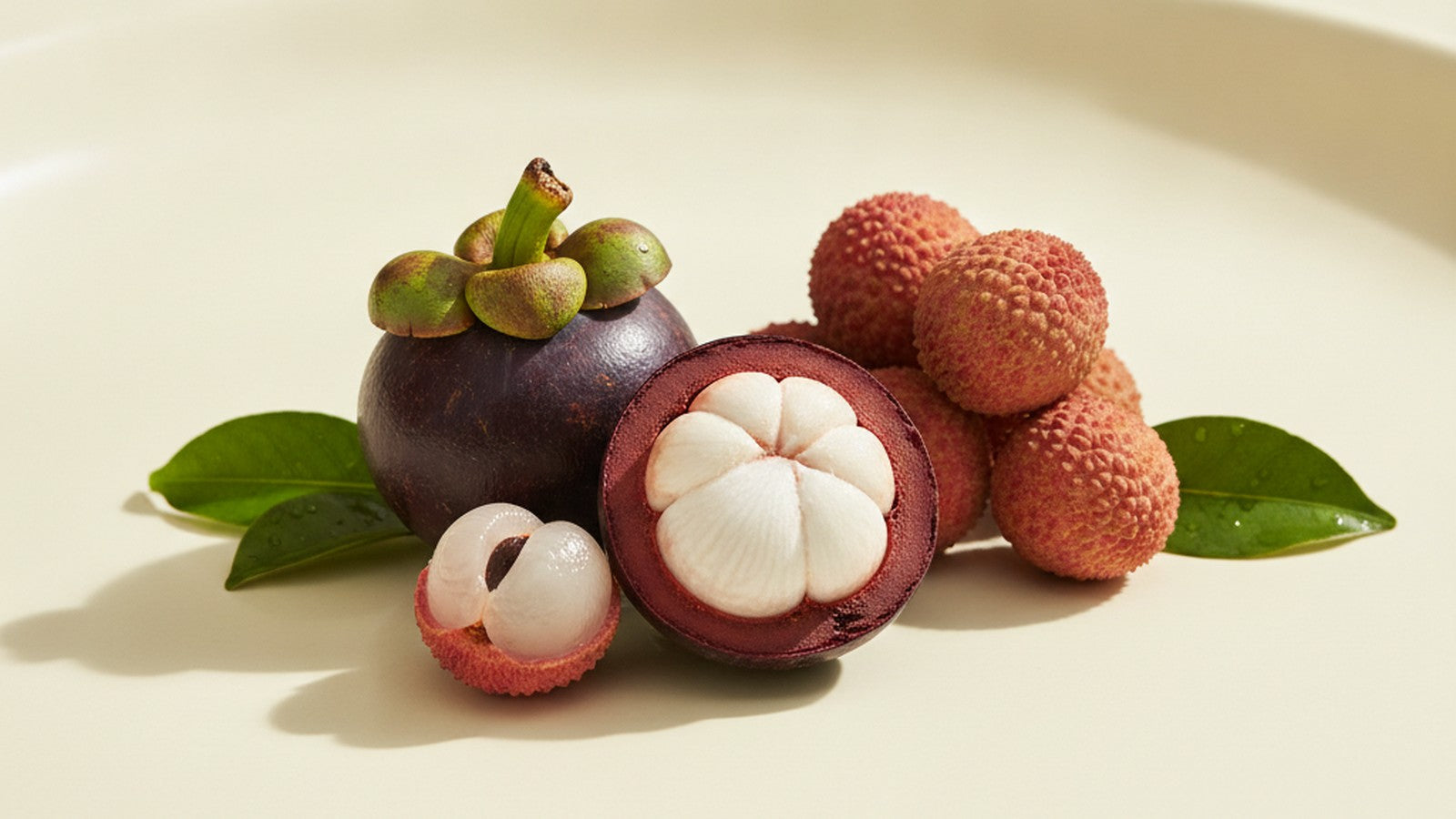 Fresh mangosteen and lychee fruit on a cream surface, the tropical source of Saccharomyces boulardii yeast