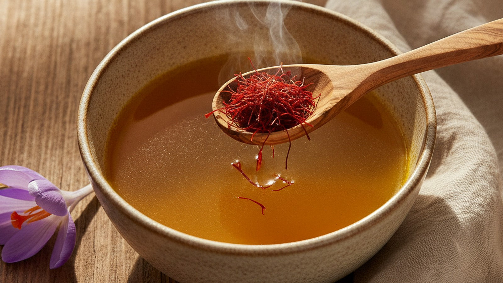 Crimson saffron threads on an olivewood spoon over a golden saffron broth with a purple crocus bloom