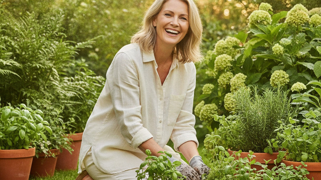 A smiling woman in her fifties kneeling comfortably while tending potted herbs in a sunlit garden