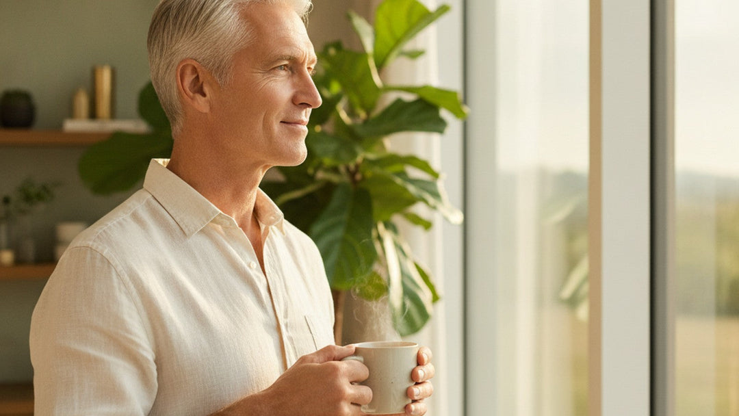 A relaxed silver-haired man in his sixties holding coffee in warm morning light by a sunlit window