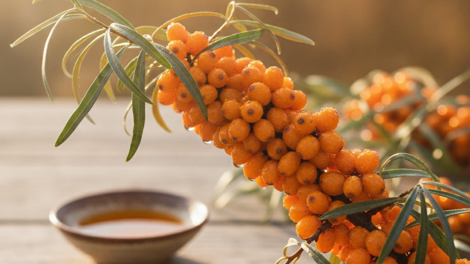 Orange sea buckthorn berries on silvery-green branches in golden light with a small dish of orange oil