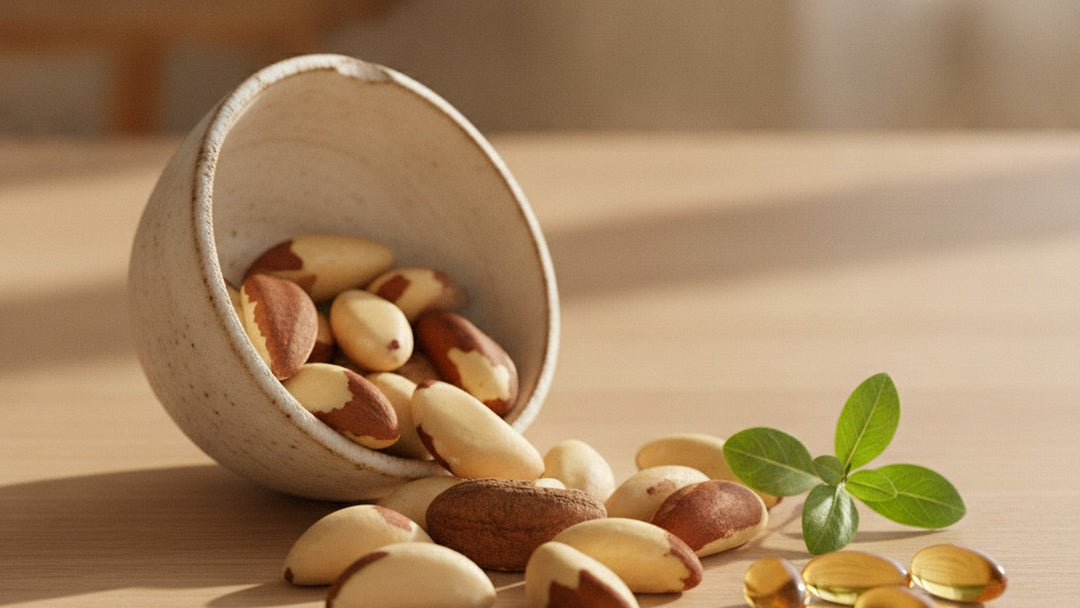 Cracked Brazil nuts spilling from a cream ceramic bowl with amber softgel capsules on pale oak in warm morning light