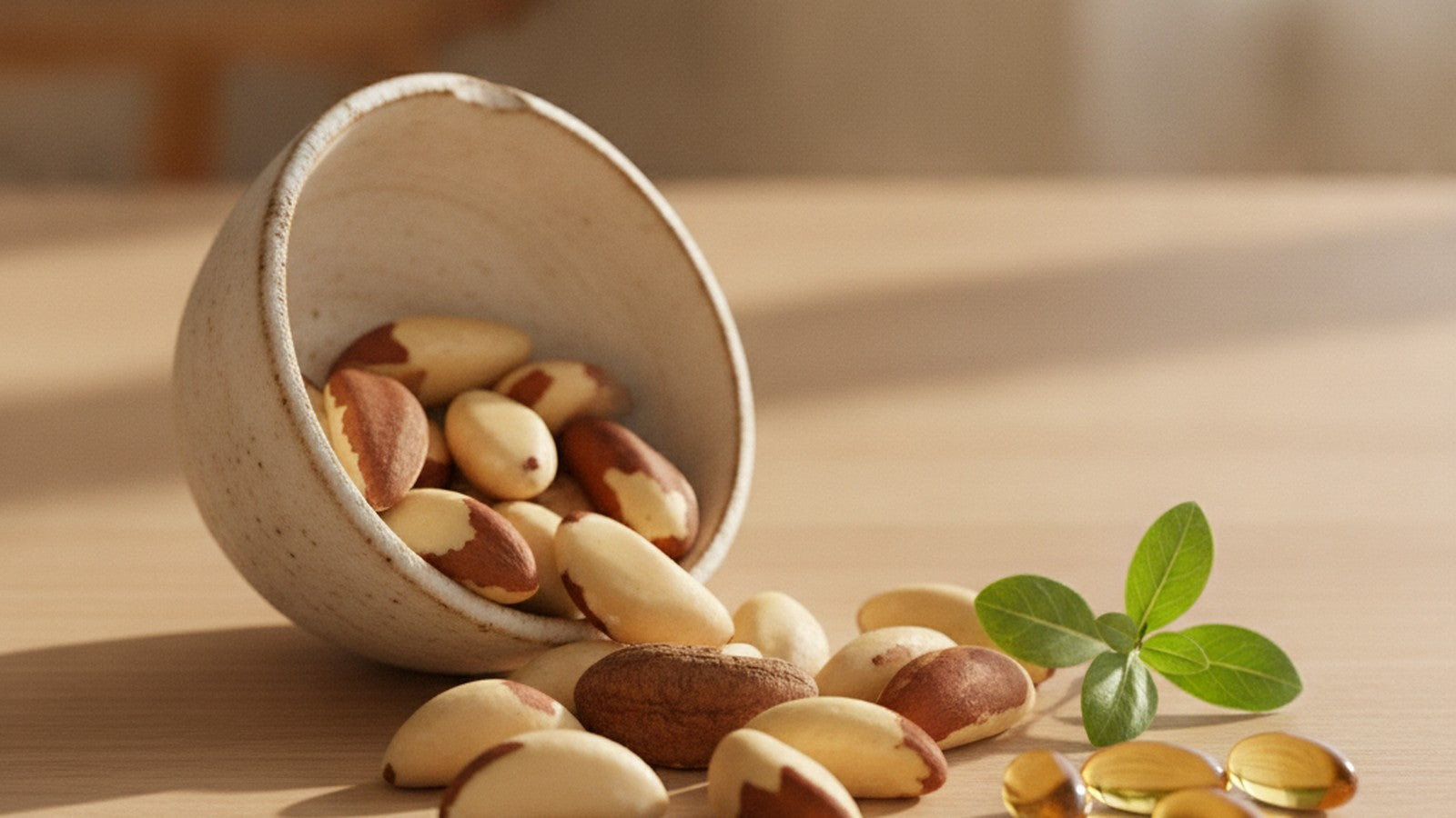 Cracked Brazil nuts spilling from a cream ceramic bowl with amber softgel capsules on pale oak in warm morning light