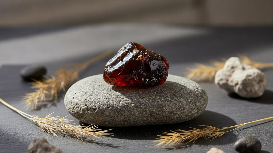 Dark amber-black mineral resin resting on a smooth grey stone with dried alpine grass in natural light