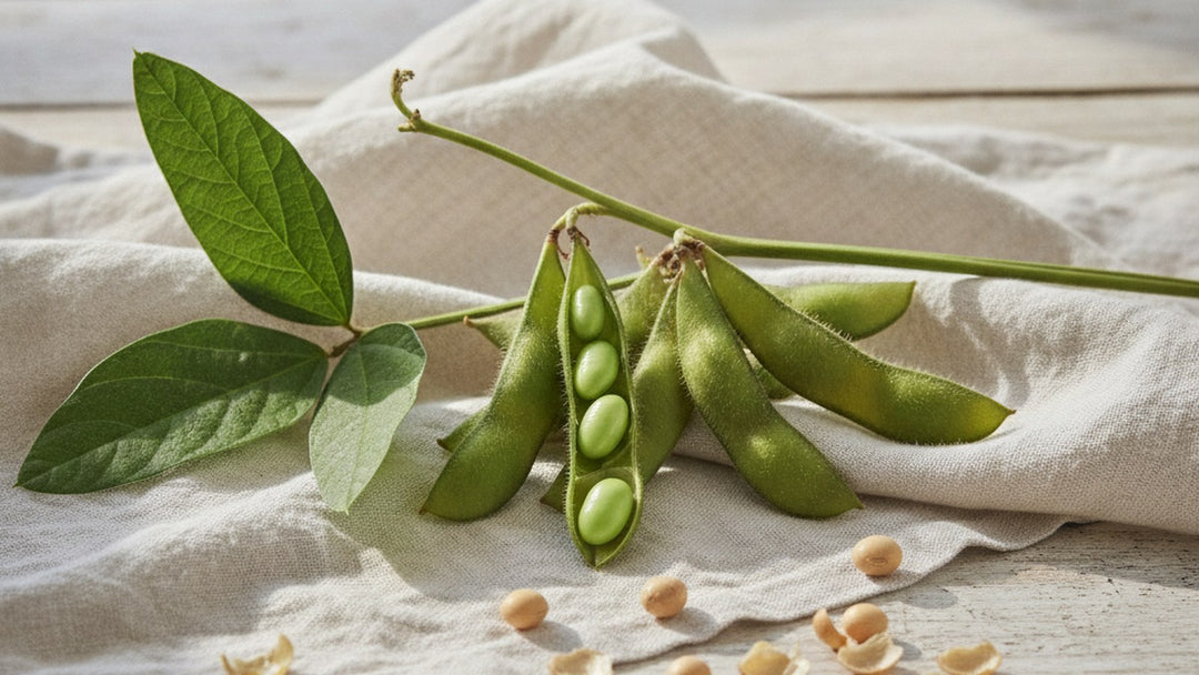 Fresh green soybean pods on the plant with an open pod showing beans, resting on linen in soft natural light