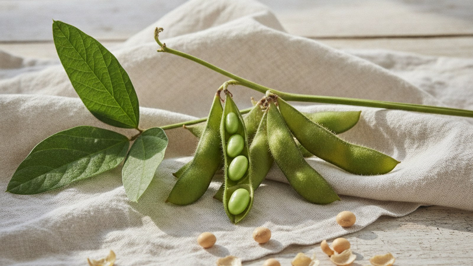 Fresh green soybean pods on the plant with an open pod showing beans, resting on linen in soft natural light