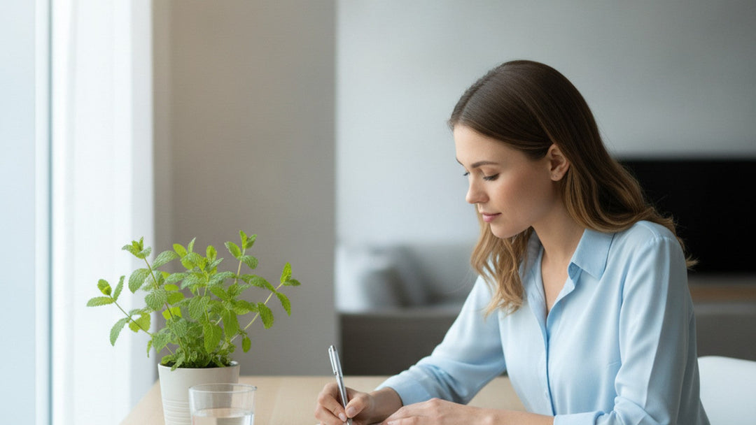 A young woman focused at a sunlit desk by a bright window with a potted spearmint plant