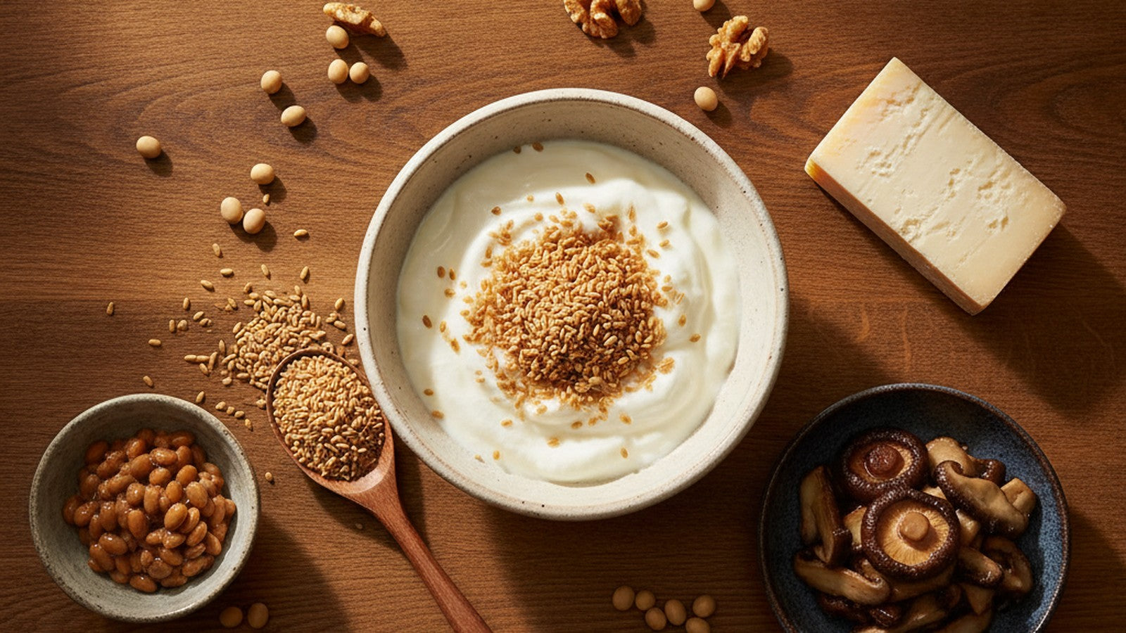 Overhead breakfast spread of yogurt topped with toasted wheat germ, aged cheese, mushrooms and soybeans on warm oak