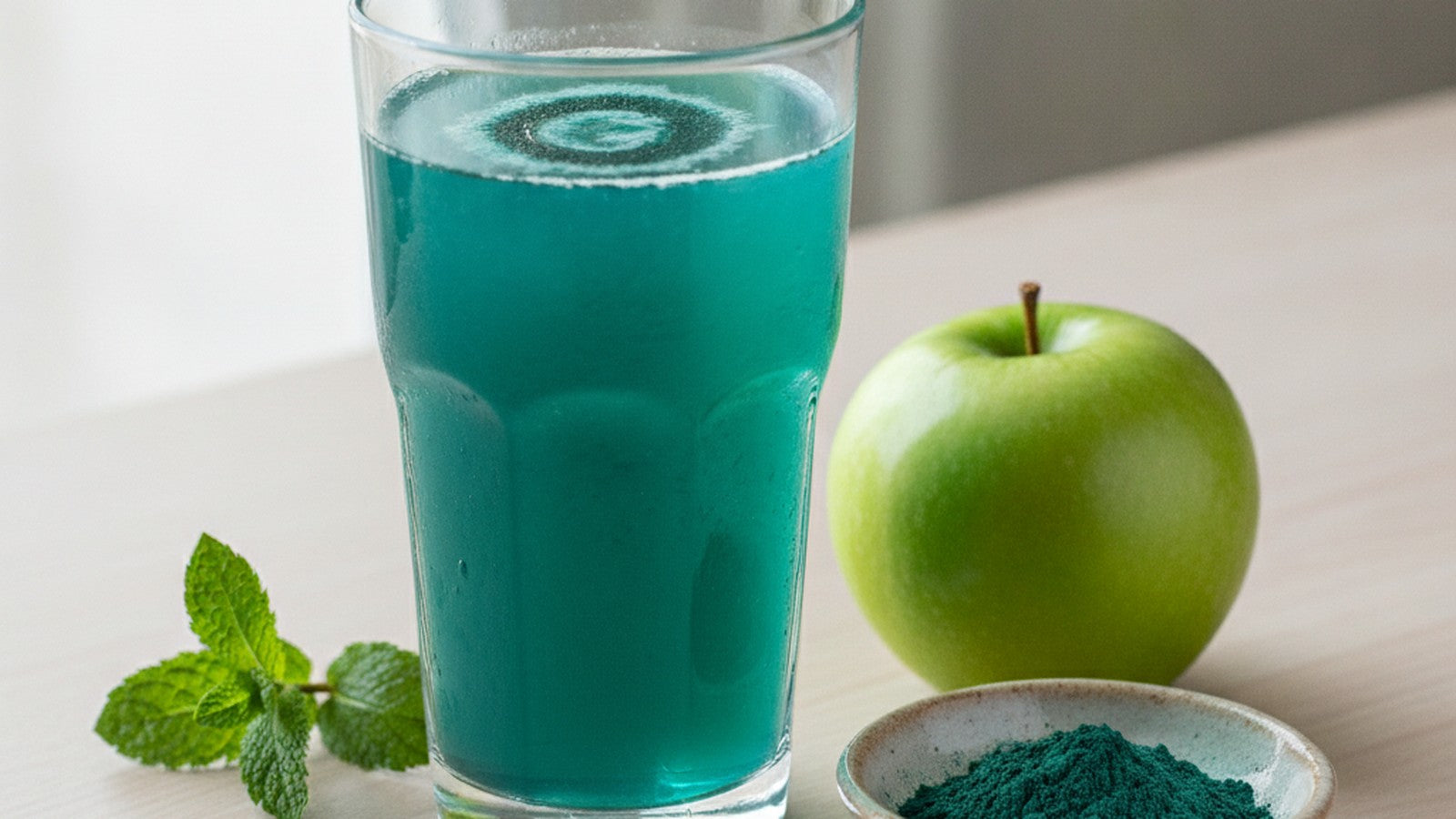 A tall glass of vibrant blue-green spirulina drink with a green apple, fresh mint and a dish of spirulina powder in bright natural light
