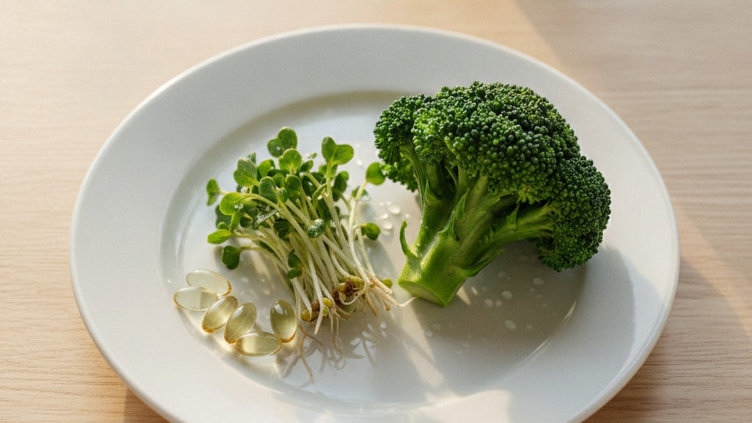 Fresh broccoli sprouts, a broccoli floret, and softgel capsules arranged on a white plate