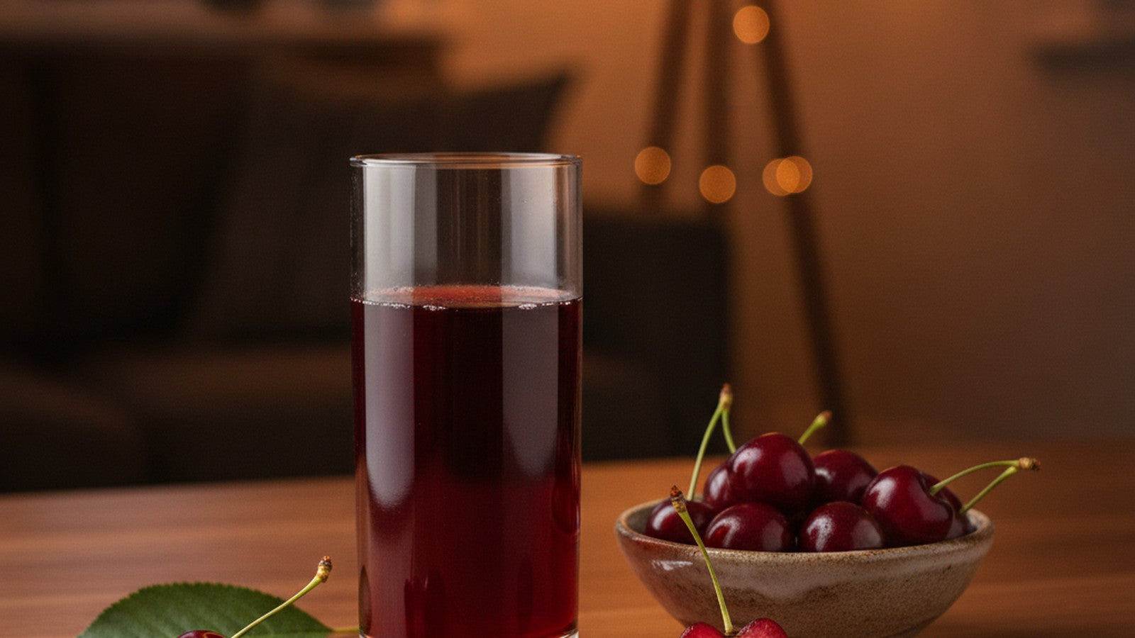 A tall glass of deep ruby tart cherry juice beside a rustic bowl of fresh cherries on a warm wood table at dusk