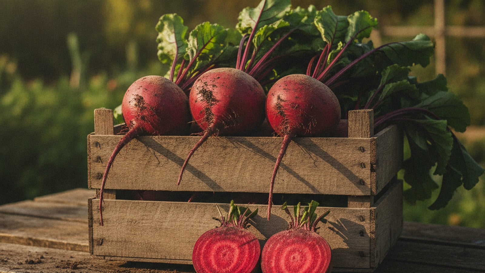 Freshly pulled whole beets with leafy green tops in a rustic garden crate, two sliced open to reveal deep crimson rings