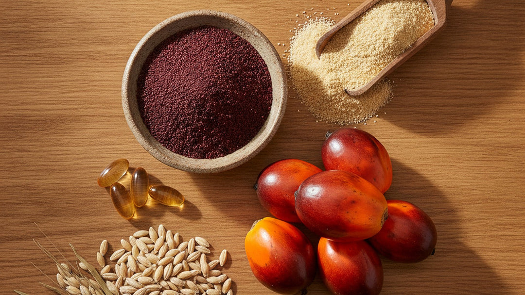 Overhead flat lay of crimson annatto seeds, golden rice bran, red palm fruit, barley grains and amber softgel capsules on warm oak