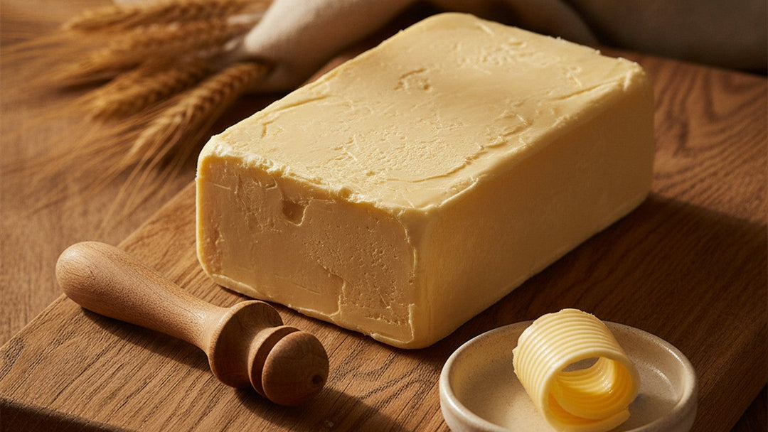 A golden block of fresh farmhouse butter on a rustic oak board with a wooden butter curler, a ceramic dish of butter curl and wheat stalks