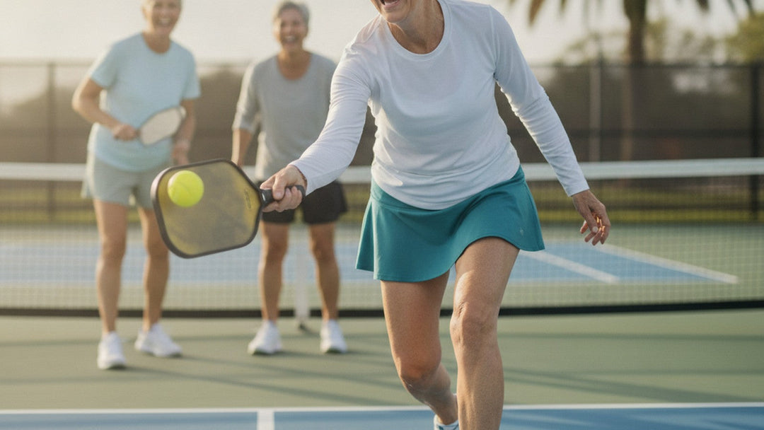 Active woman in her fifties playing pickleball on an outdoor court at golden hour