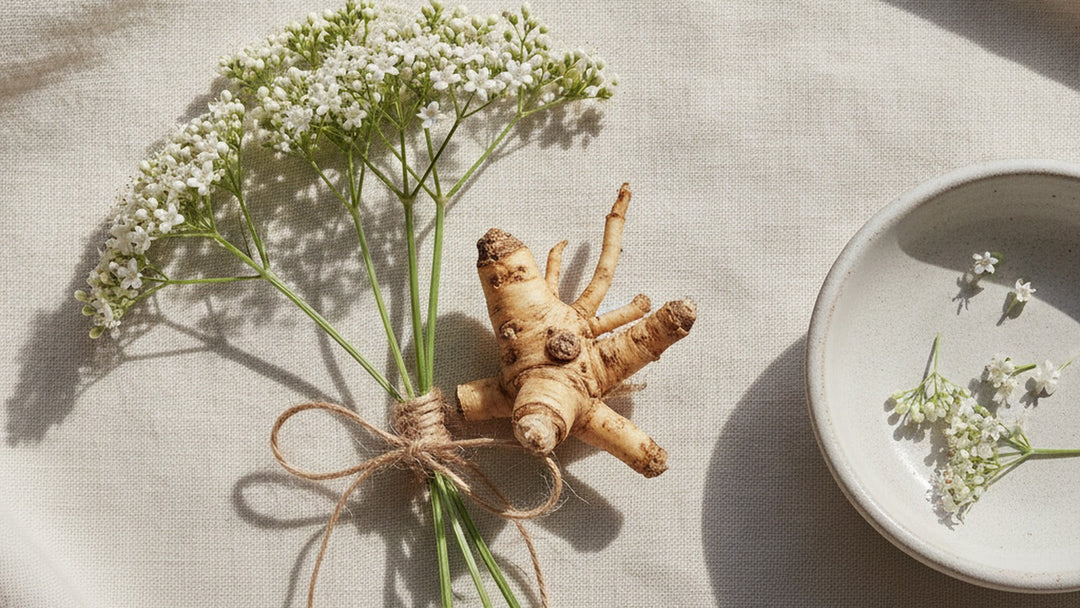Fresh valerian roots tied with twine beside white valerian flowers and a pale ceramic dish on cream linen in bright natural light