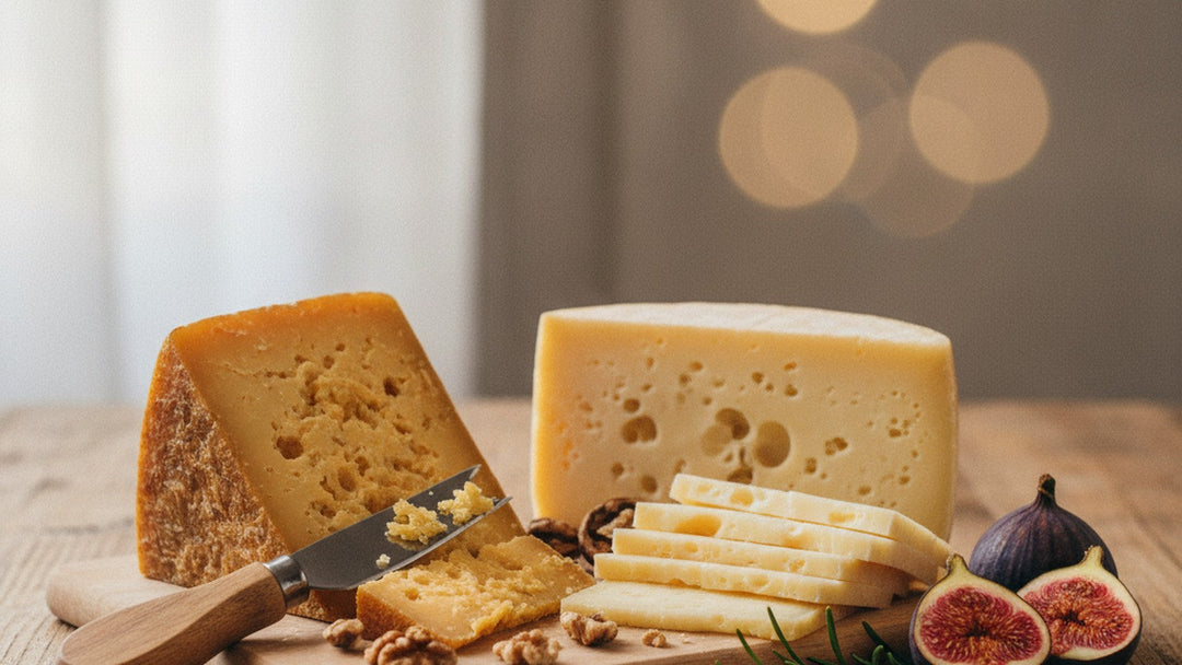 Artisanal cheese board with aged gouda, Jarlsberg, walnuts and figs in warm window light