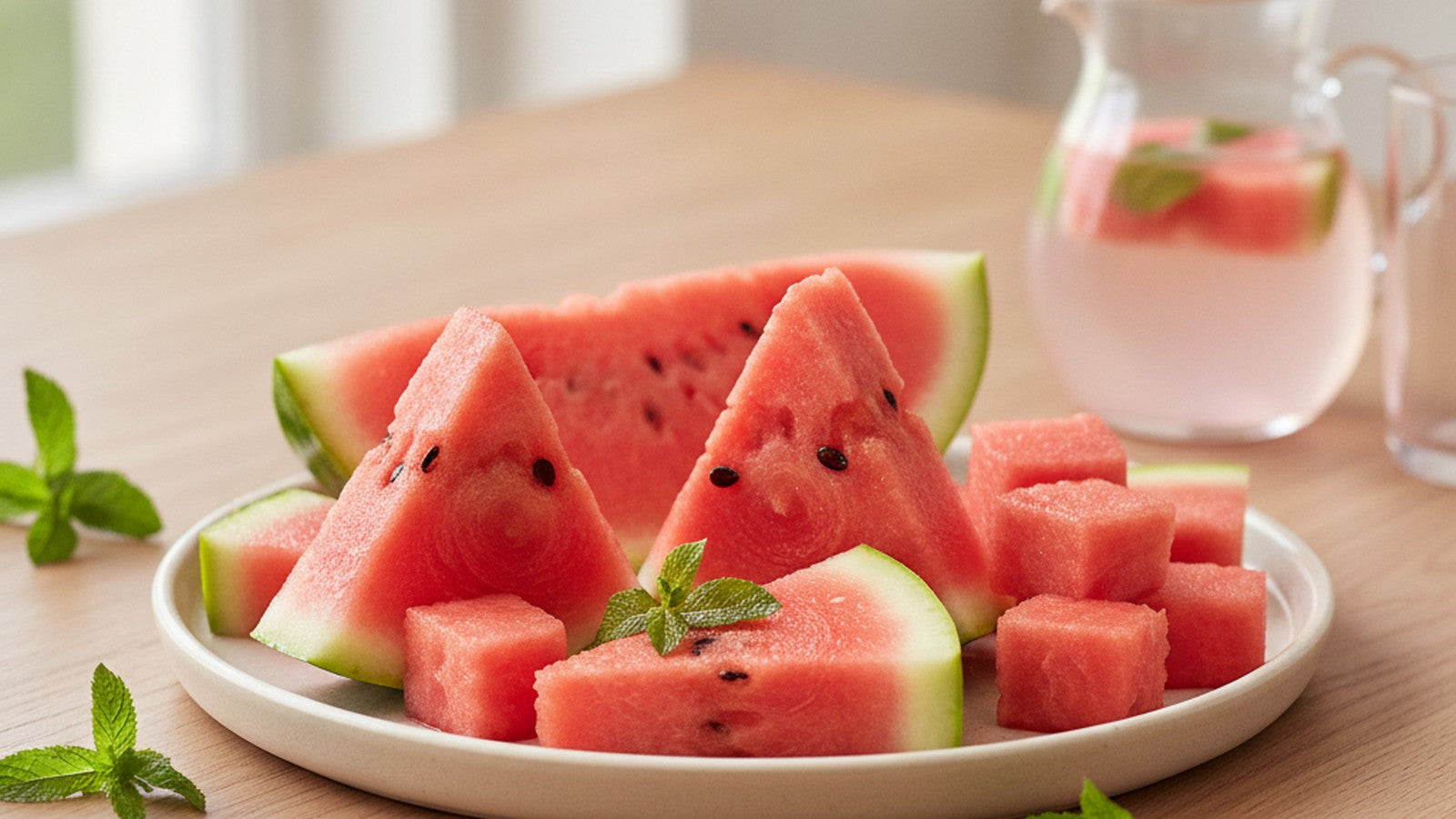 Fresh-cut watermelon wedges and cubes with mint on a pale ceramic platter in bright summer daylight