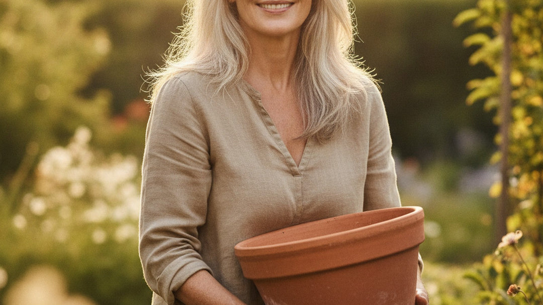 Active woman in her sixties carrying a heavy terracotta pot in a sunlit garden