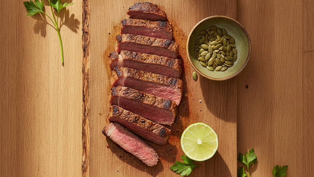 Sliced seared grass-fed steak, a bowl of green pumpkin seeds and a halved lime on a wooden board in soft daylight