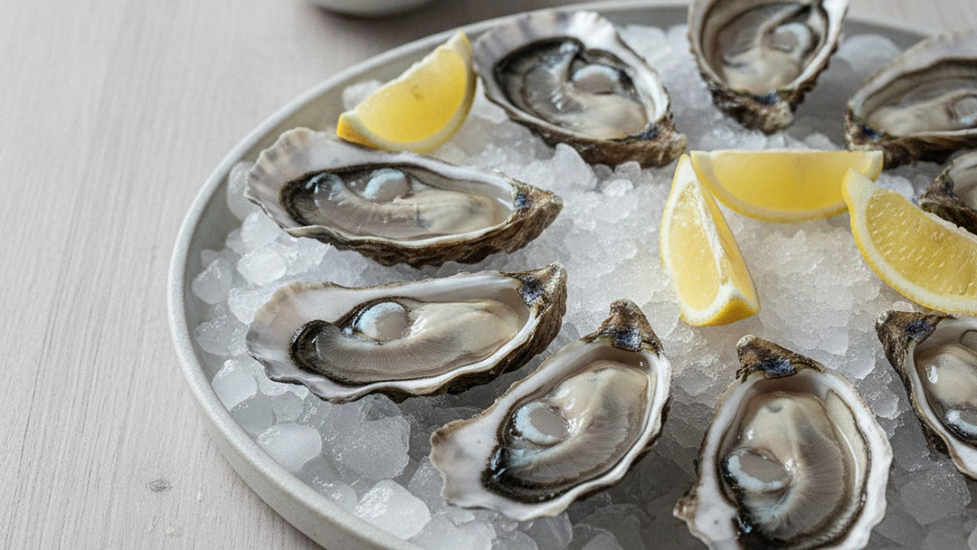 Fresh oysters on the half shell on crushed ice with lemon wedges on a pale ceramic platter
