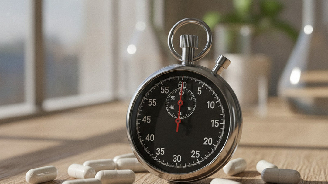 Stopwatch and supplement capsules on wooden table
