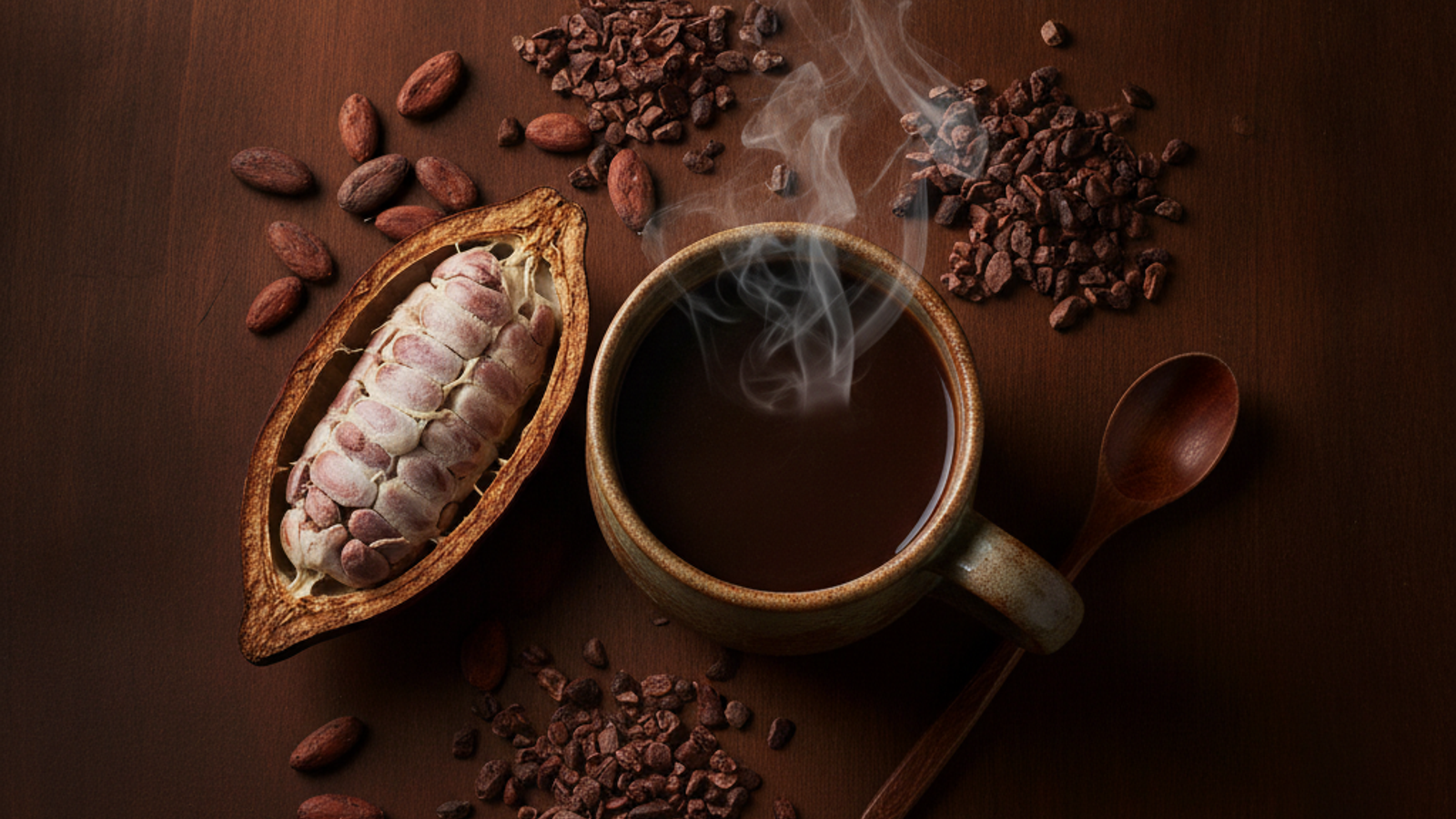 Raw cacao and a steaming cup of dark hot cocoa on dark wood