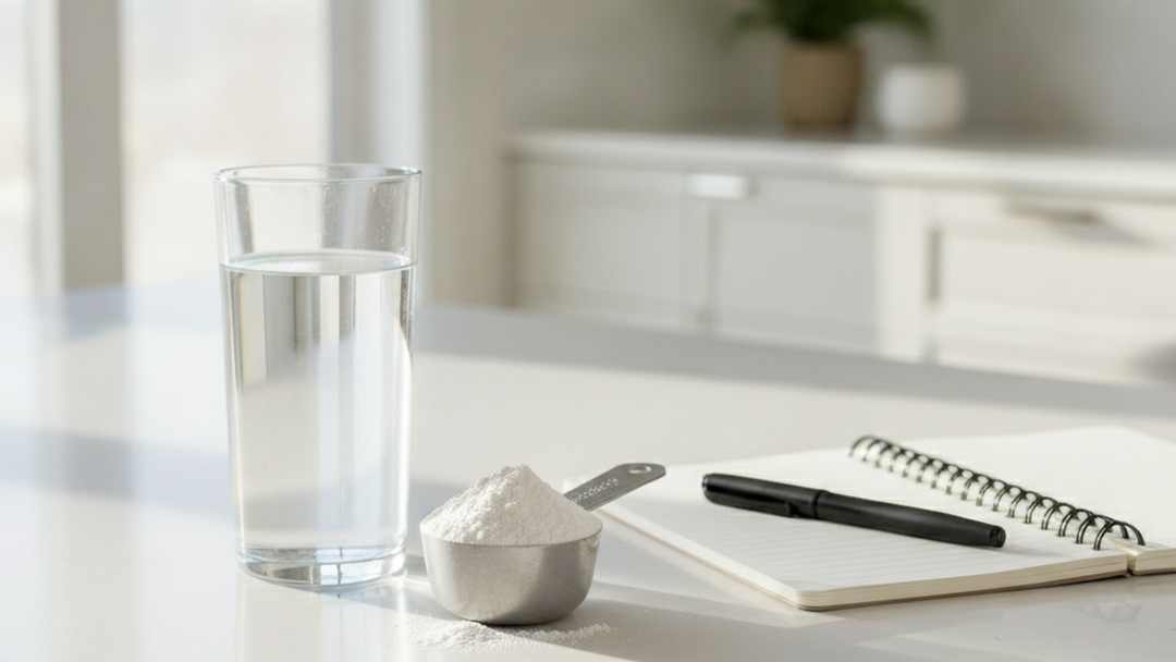 A glass of water and creatine powder on a sunny kitchen counter
