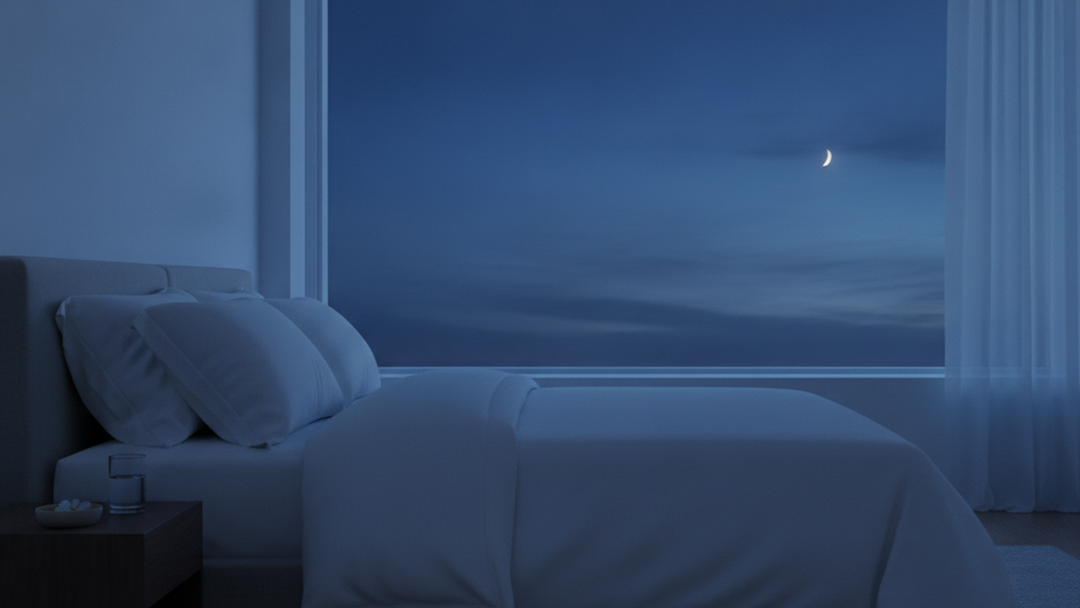 A calm bedroom at dusk with soft white linens