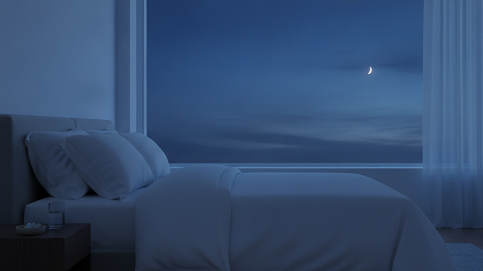 A calm bedroom at dusk with soft white linens