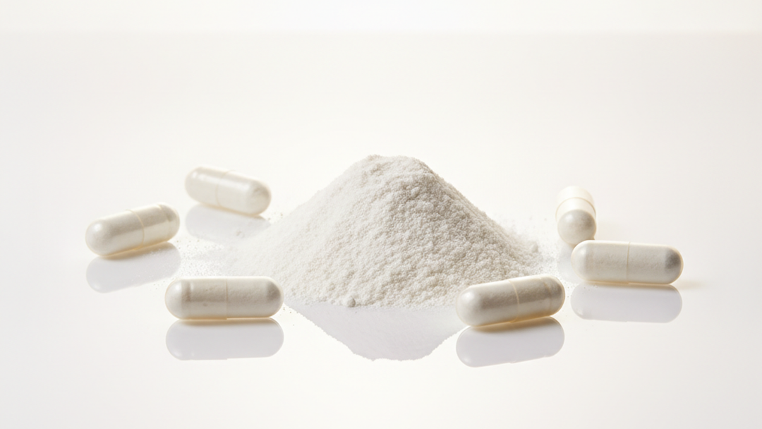 White NMN powder and capsules on a clean white surface