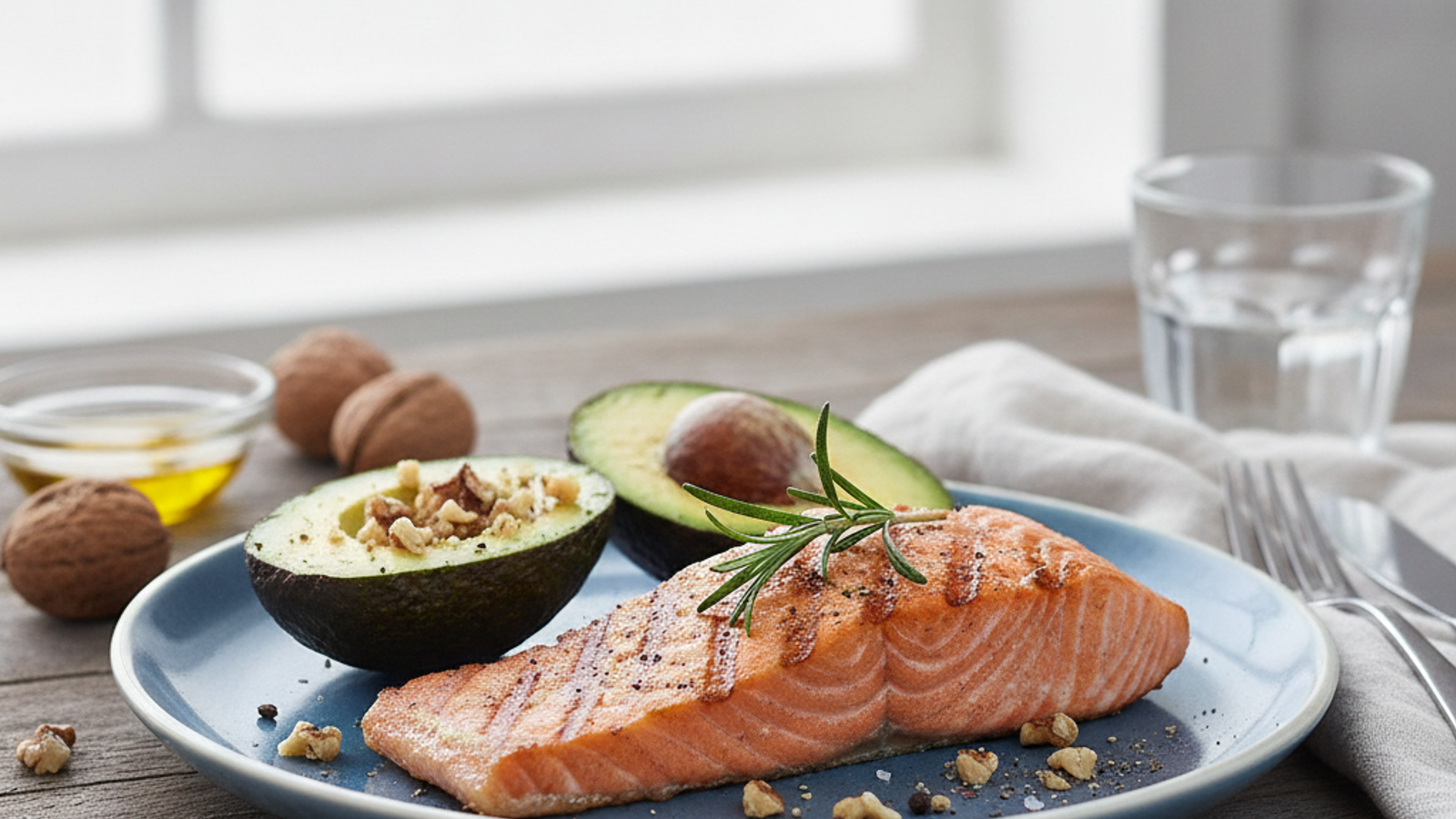 Grilled salmon, avocado and walnuts on a slate-blue plate