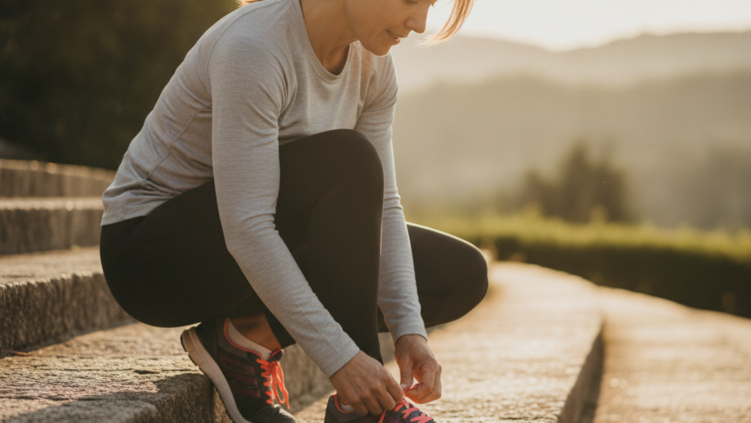 A runner lacing shoes on sunlit steps with a mountain view