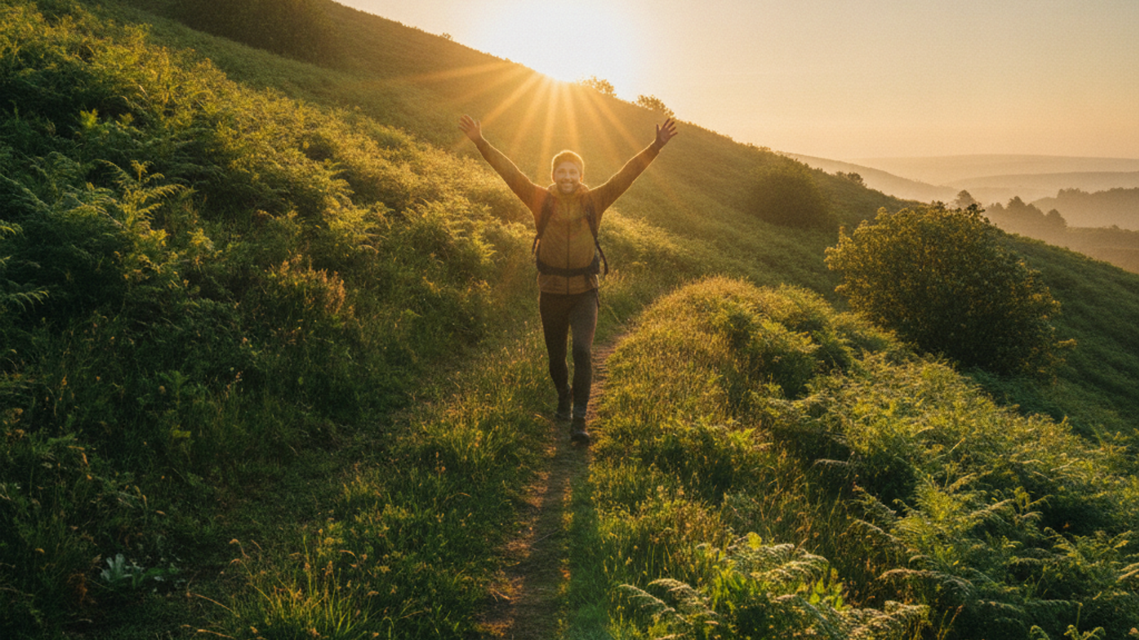 A hiker reaching a green hilltop at sunrise