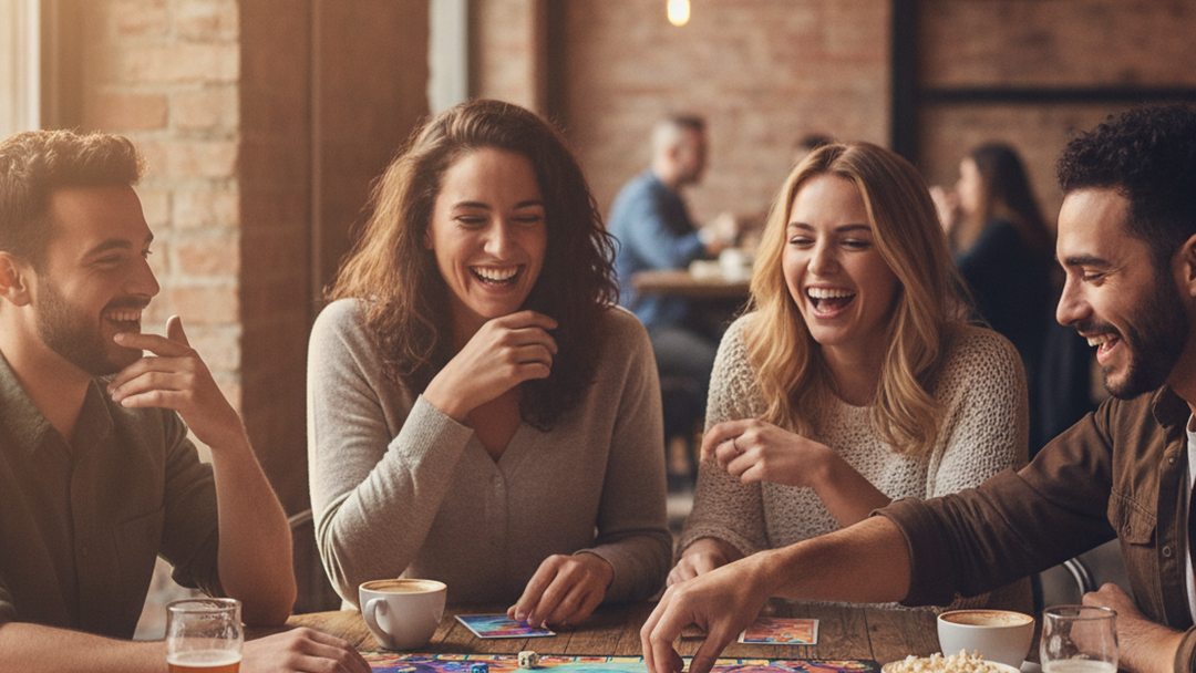 Friends laughing while playing a trading card game