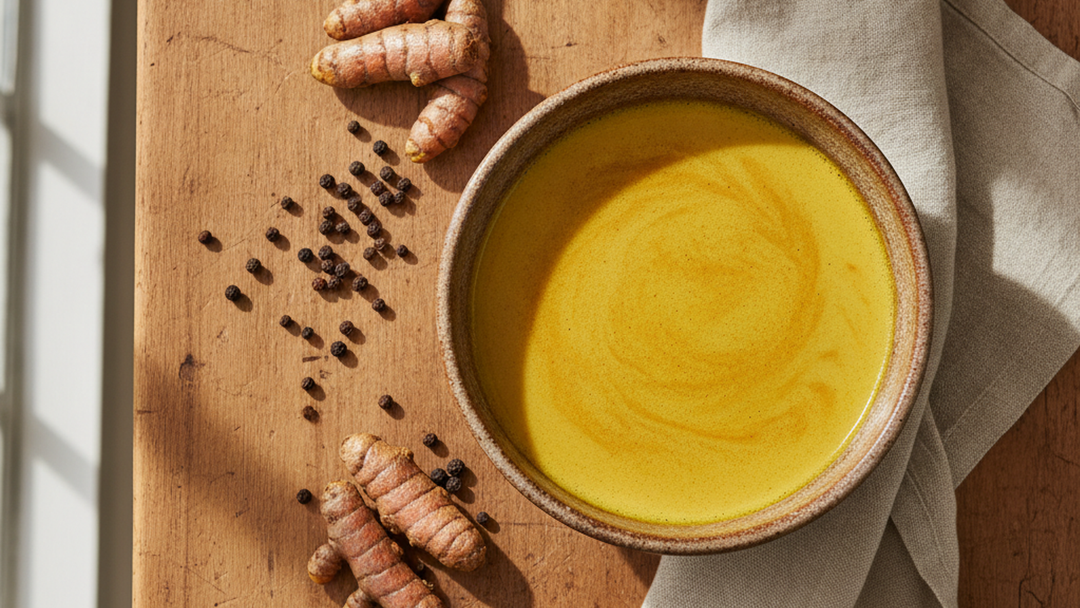 A golden turmeric latte in a ceramic bowl with fresh turmeric root