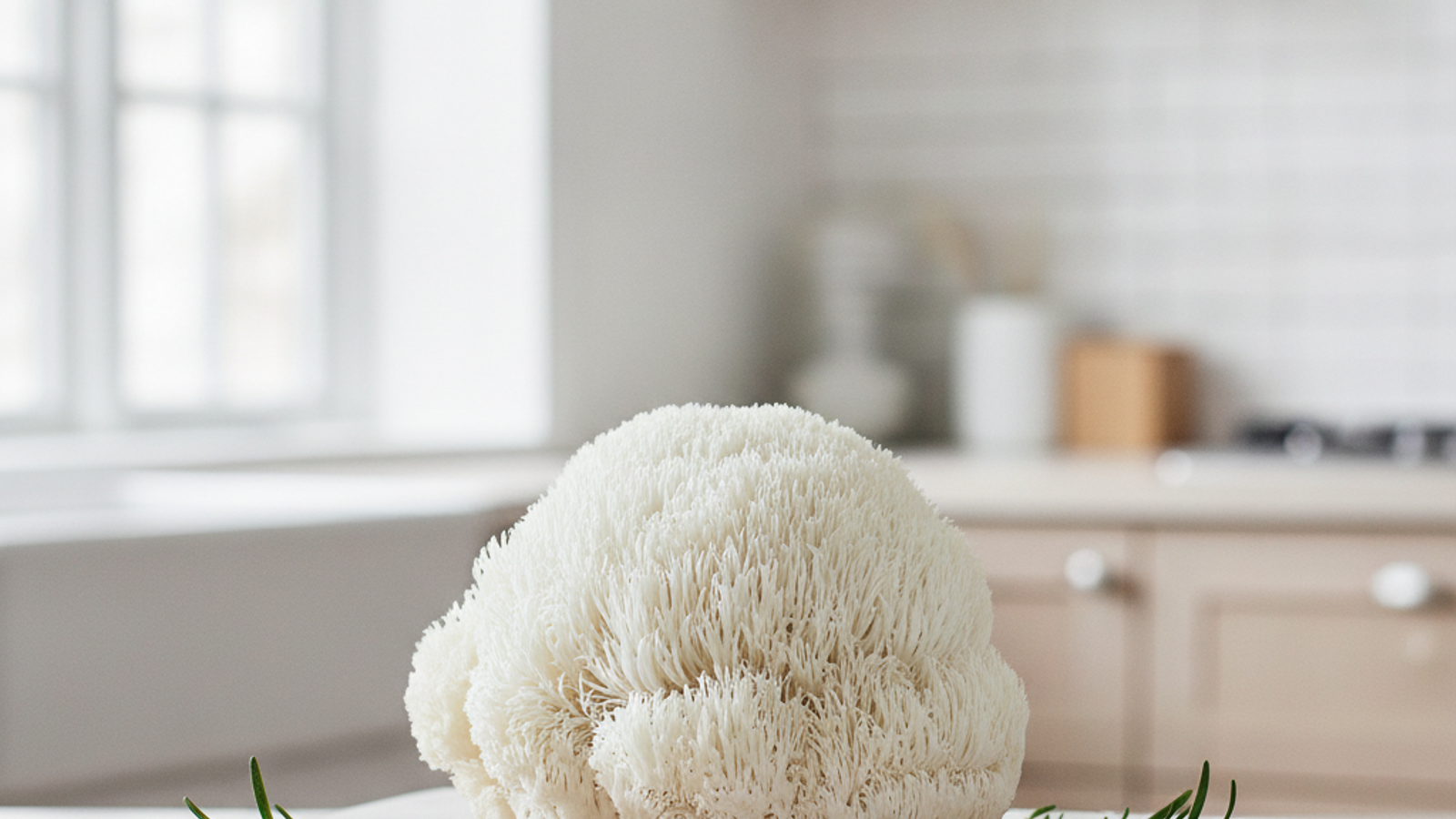 A white lion's mane mushroom with cascading spines on a mossy forest log in dappled daylight