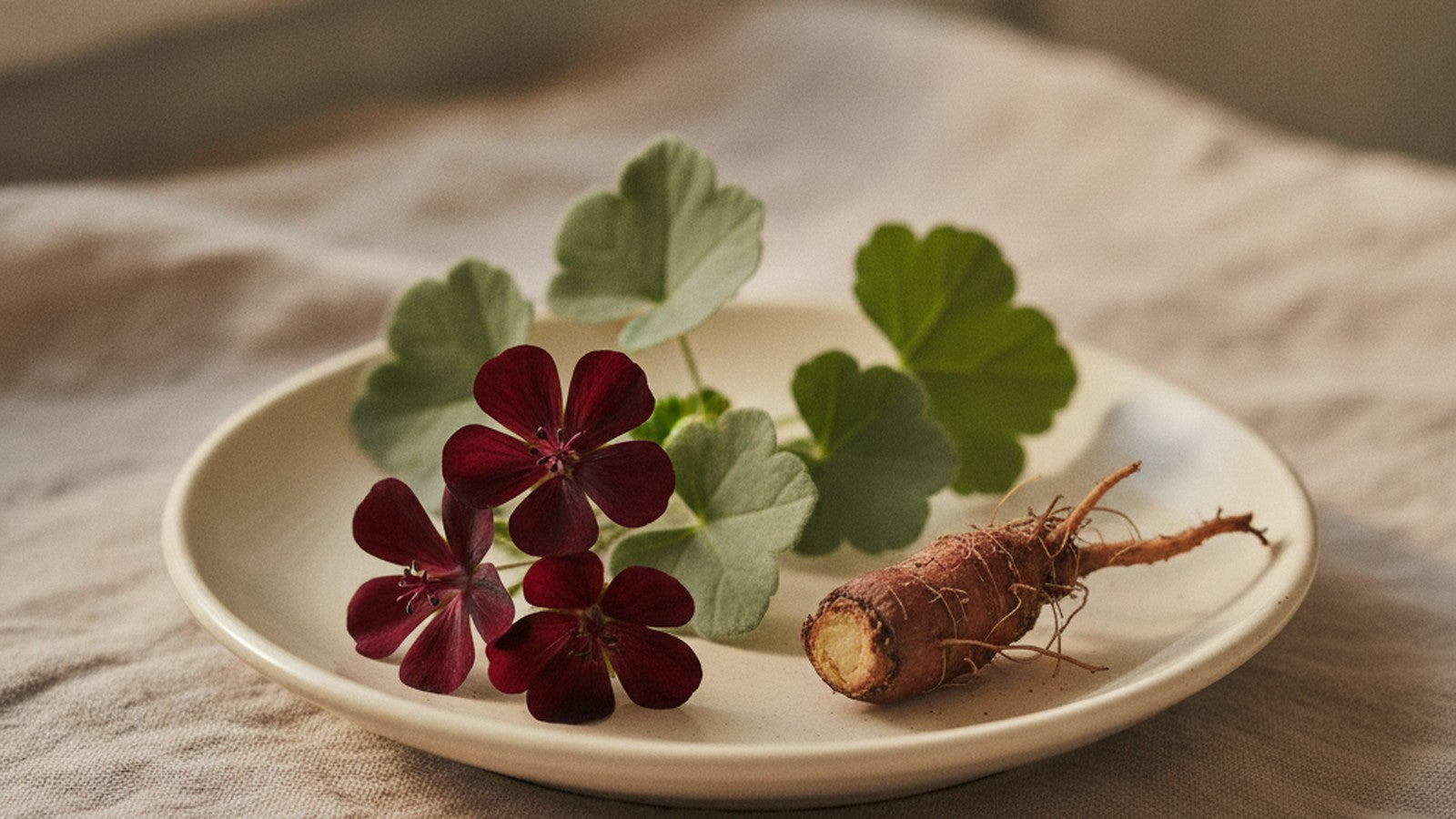 Fresh South African Pelargonium sidoides: wine-red geranium flowers, velvety grey-green leaves and a reddish taproot on a cream dish in soft natural light