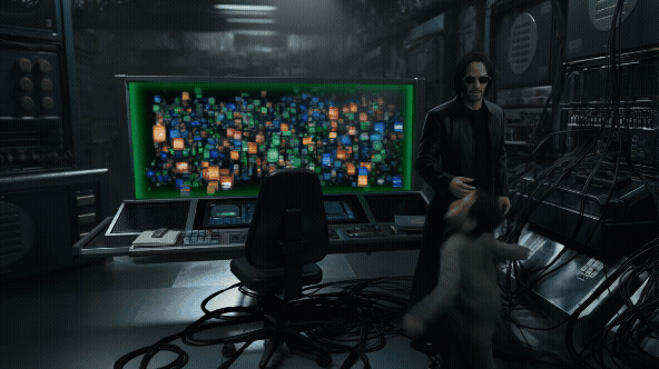  An animated GIF of Rowan Atkinson as Johnny English panicking at a spam-filled computer. Keanu Reeves as Neo appears and plugs in a USB drive, instantly cleaning the system and symbolizing liver support.